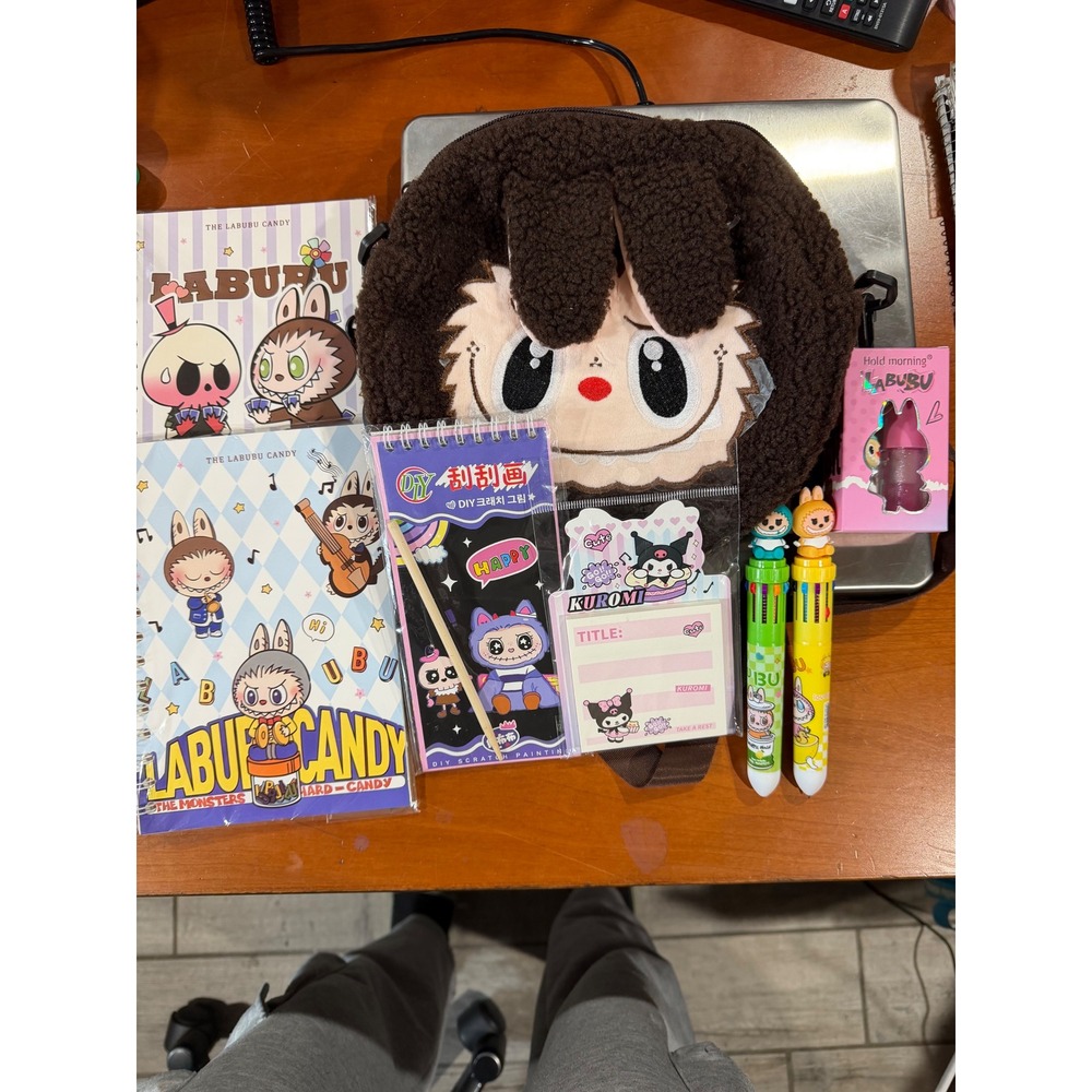 Pop Mart Labubu Monsters Plush Bag and Stationery Bundle Kuromi Sticker Set